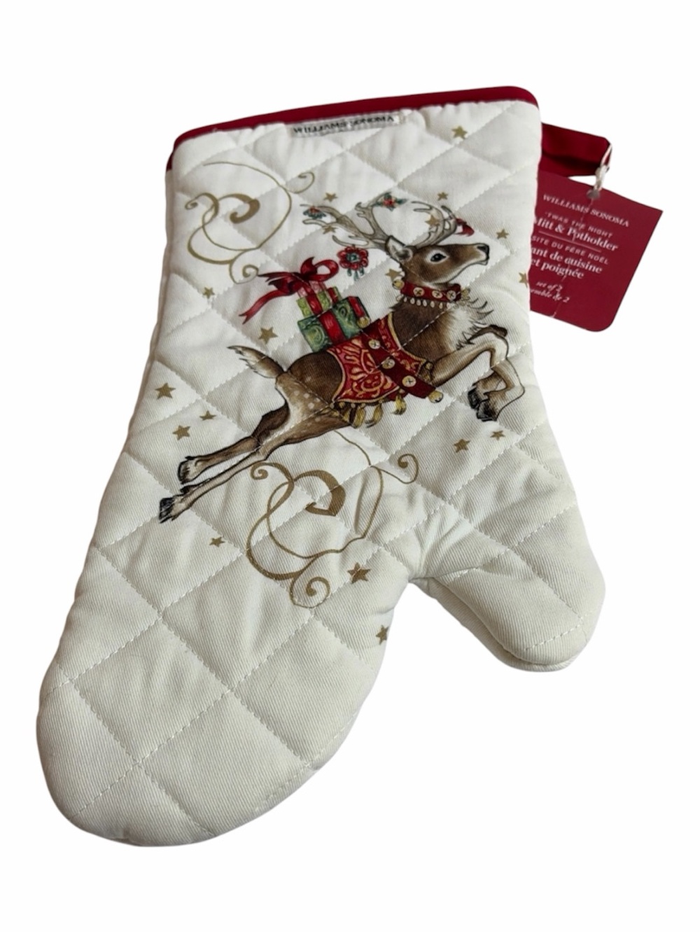 Williams Sonoma White Quilted Twas the Night Reindeer Holiday Oven Mitt